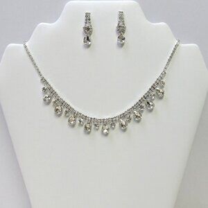 Silver Rhinestone Teardrop Design Necklace Set Bridal Prom Evening Formal